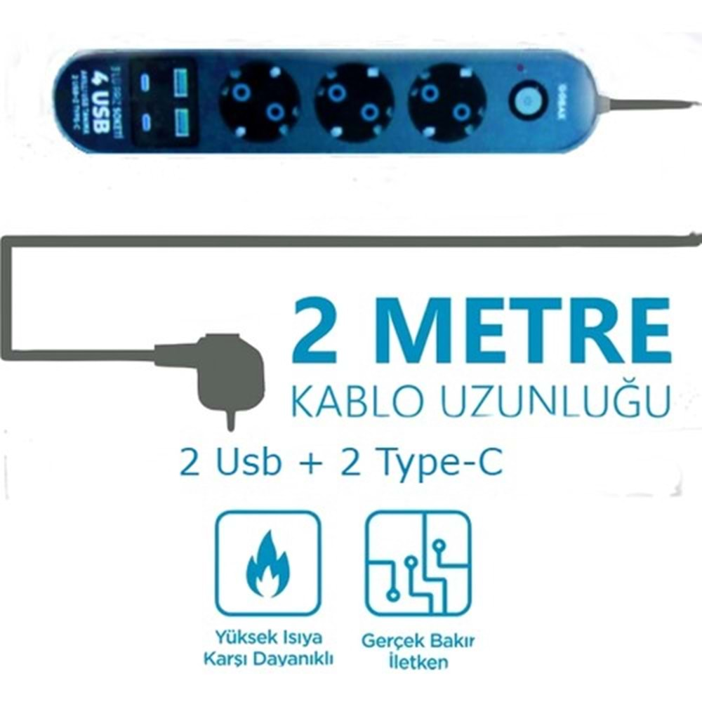 GOBAX MG-106 2XUSB + 2XTYPE-C 2.1A 3X PRİZ ANAHTARLI TERMAL AKIM KORUMALI PRİZ 2M KABLO