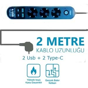 GOBAX MG-106 2XUSB + 2XTYPE-C 2.1A 3X PRİZ ANAHTARLI TERMAL AKIM KORUMALI PRİZ 2M KABLO