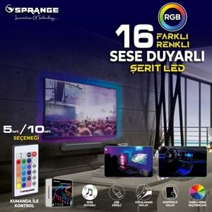 SPRANGE SP-LD5 Sese Duyarlı Bluetooth 5 Metre Tv Arkası USB Girişli Rgb Şerit LED Kumanda ile Kontrol Led