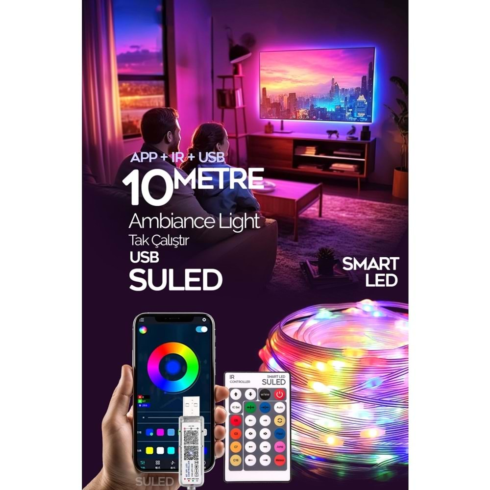 SPRANGE SP-LD5 Sese Duyarlı Bluetooth 5 Metre Tv Arkası USB Girişli Rgb Şerit LED Kumanda ile Kontrol Led