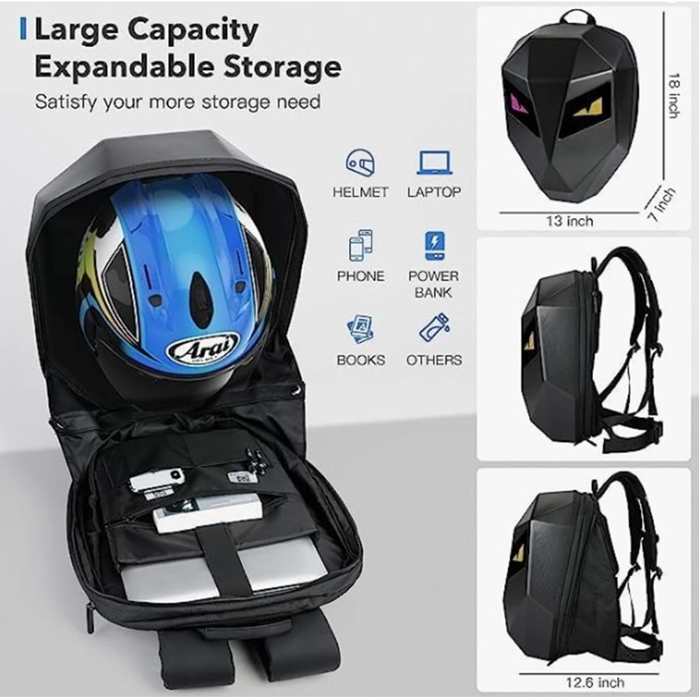 TELSAN LED Şövalye Sırt Çantası Motosiklet Binicilik Sırt Çanta Sert Kabuk Seyahat Çantası Dizüstü Bilgisayar Çantası DIY Kask Çantası Seyahat Kampı için Daypack Bisiklet Depolama Çantası 19inch