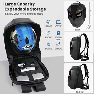 TELSAN LED Şövalye Sırt Çantası Motosiklet Binicilik Sırt Çanta Sert Kabuk Seyahat Çantası Dizüstü Bilgisayar Çantası DIY Kask Çantası Seyahat Kampı için Daypack Bisiklet Depolama Çantası 19inch
