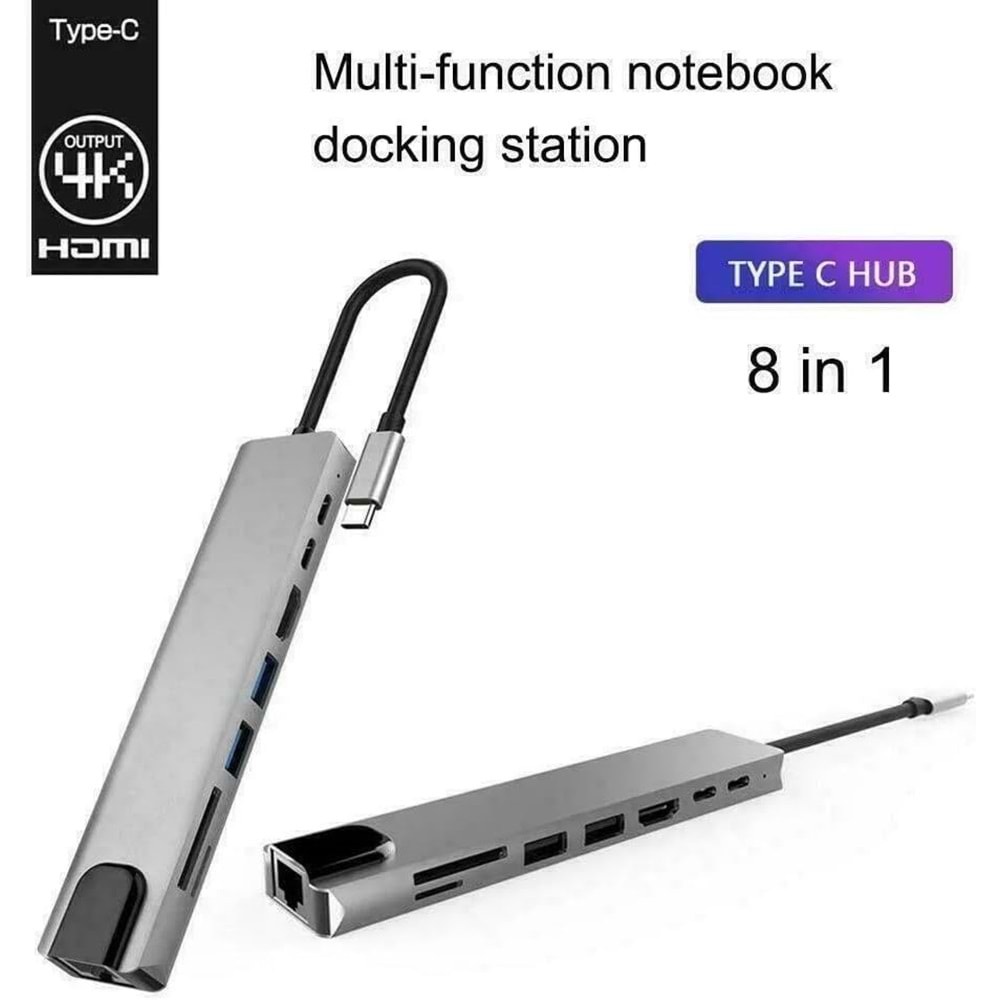 HADRON HDX7841 TYPE-C TO HDTV HDMI 4K 30HZ + 2 TYPE-C + 2 USB3.0 + LAN + SD + TF 8IN1