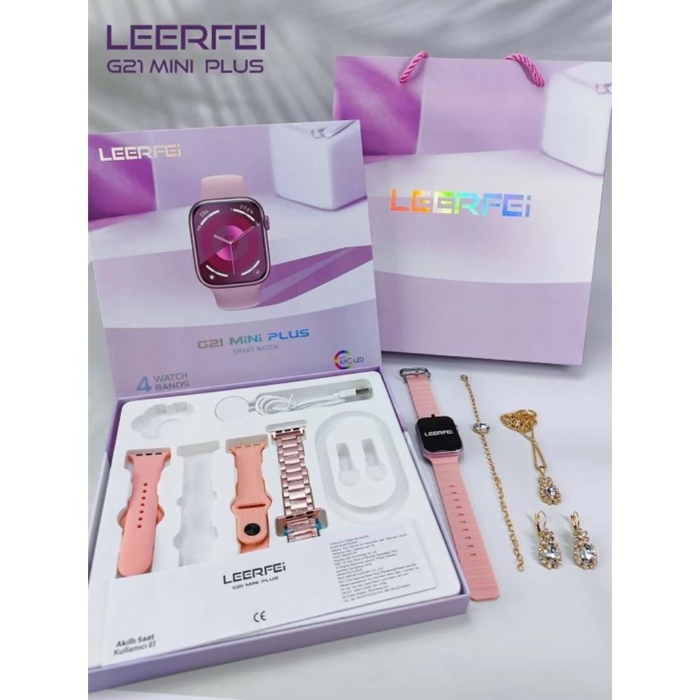 TELSAN G21 MİNİ PLUS 41MM FULL SET KADIN AKILLI SAATİ 4 KORDON + BİLEKLİK KOLYE KÜPE HEDİYELİ