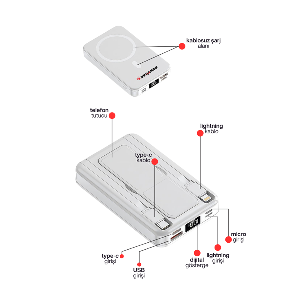 SPRANGE SR-P26M MAGSAFE WİRELESS 10000MAH 15W HIZLI ŞARJ 20W PD GÖSTERGELİ POWERBANK
