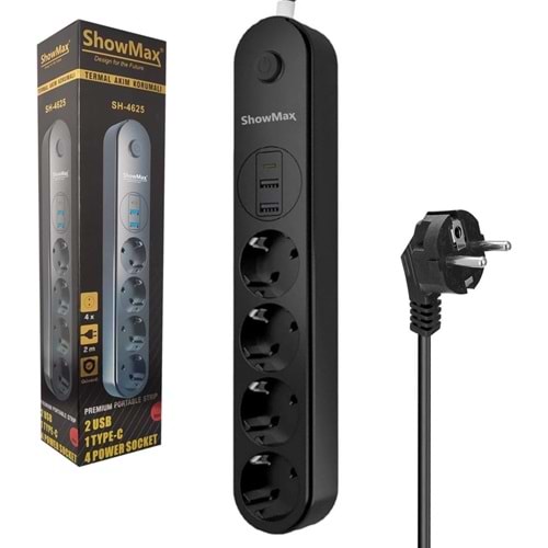 SHOWMAX SH-4625 2XUSB + 1XTYPE-C 3.1A 4X PRİZ ANAHTARLI TERMAL AKIM KORUMALI PRİZ 2M KABLO