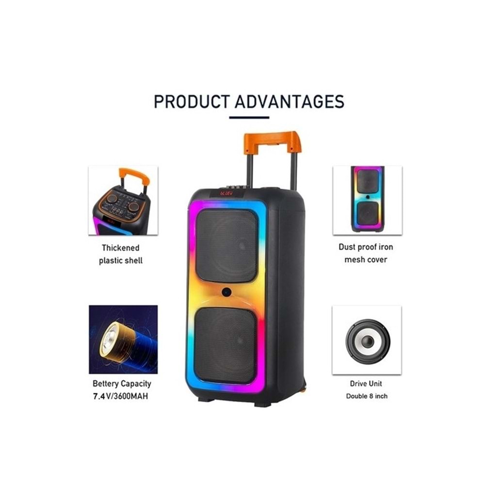 TELSAN NDR-1097 SD/USB/FM 16inc KUMANDALI KABLOSUZ MİKROFONLU BLUETOOTH RGB IŞIKLI MÜZİK KUTUSU