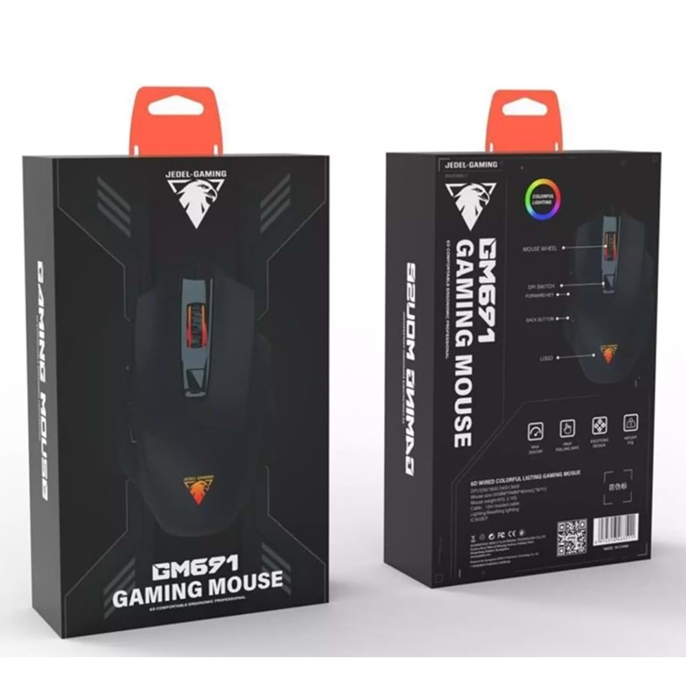 Jedel GM691 Optik Sensör 3600 DPI 7 Düğmeli Örgülü kablolu Gaming Mouse Siyah/Beyaz