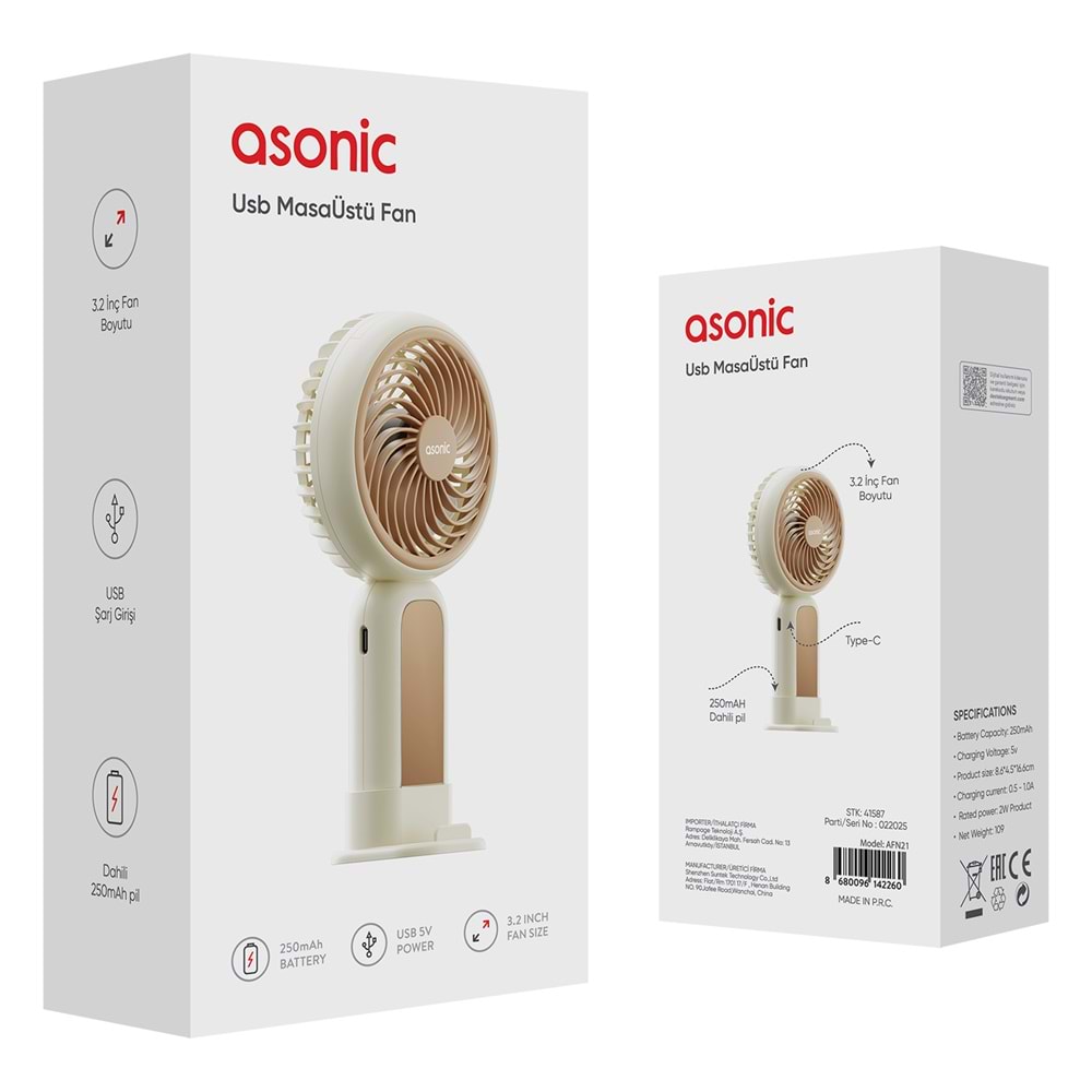 Asonic AFN21 Krem 250mAh Elde Taşınabilir Masaüstü Usb Fan