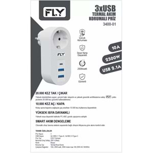 Fly 3400-01 Termal Akım Korumalı 1*Priz 2*Usb + Type-C 2.1A