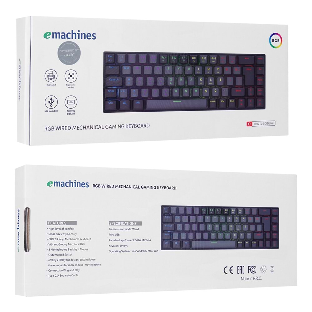 Acer eMachines EAK68 USB RGB Backlight RED SWITCH Mekanik Q 68 Tuşlu Mini Gaming Oyuncu Klavyesi
