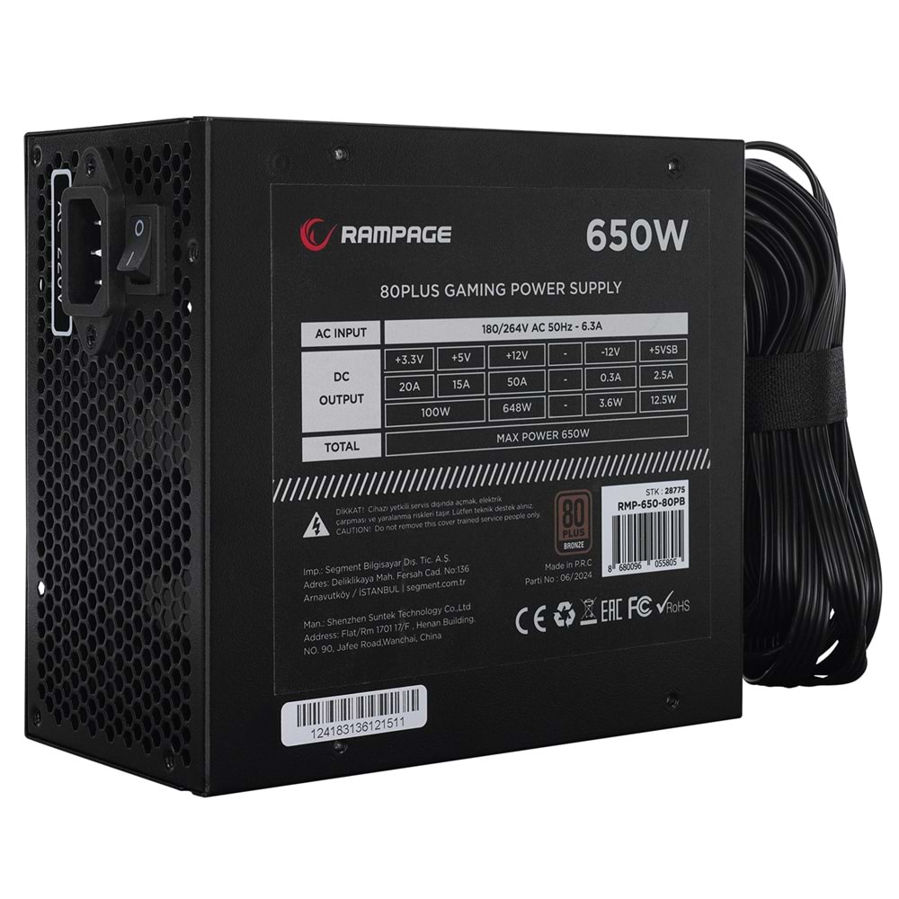 Rampage RMP-650-80PB 650W 14cm Siyah Fan Gaming 80 Plus Bronze Aktif PFC Power Supply