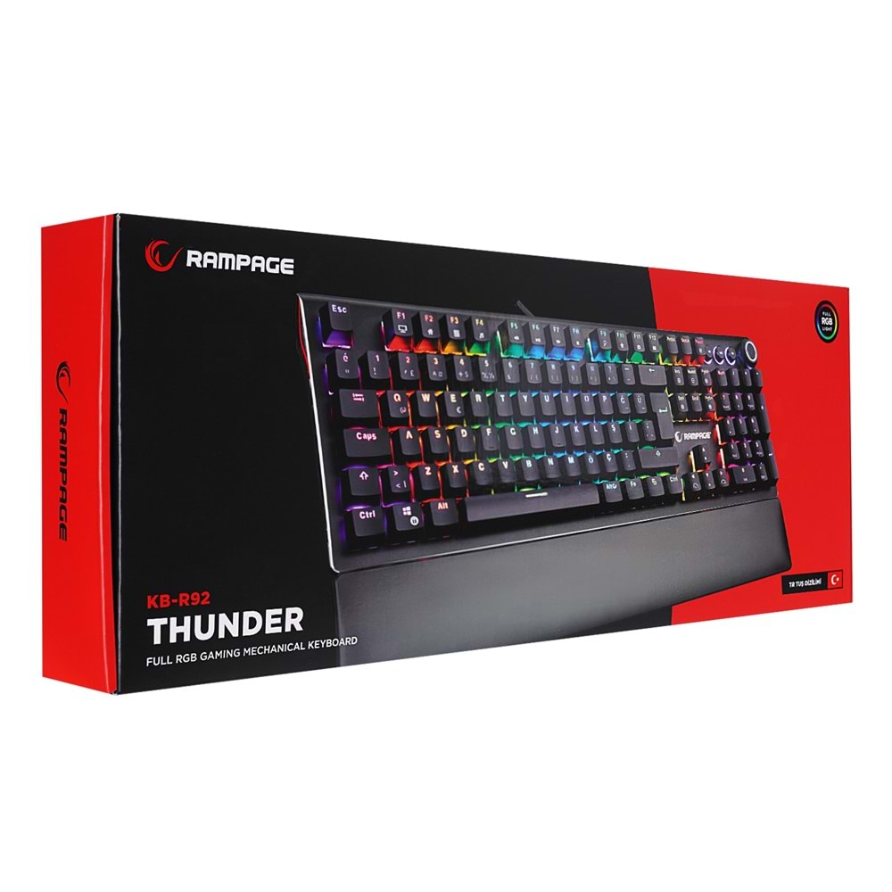 Rampage KB-R92 THUNDER Siyah USB Bilek Destekli Blue Switch Full RGB Q Gaming Oyuncu Mekanik Klavye