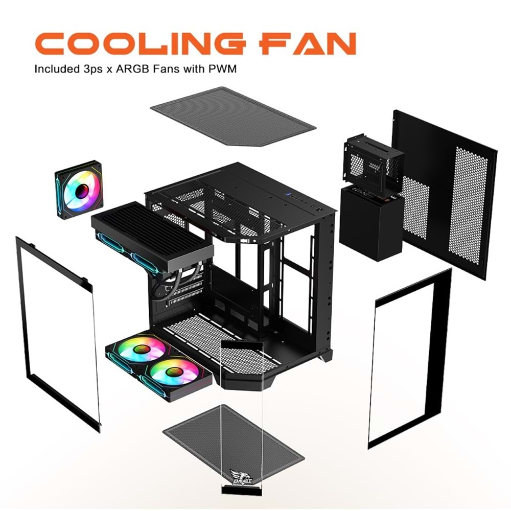 GAMEAGLE EDGE SİYAH COMPACT +80 BRONZE 750W POWER + 240MM SIVI SOĞUTMA + 3 ADET ARGB KUMANDALI AKVARYUM KASA SİYAH