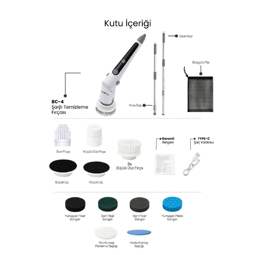 MPIA BC-4 Şarj Edilebilir Elektrikli Temizlik Fırçası – 17 Parça Çok Amaçlı Set (Mutfak, Banyo, Araç)