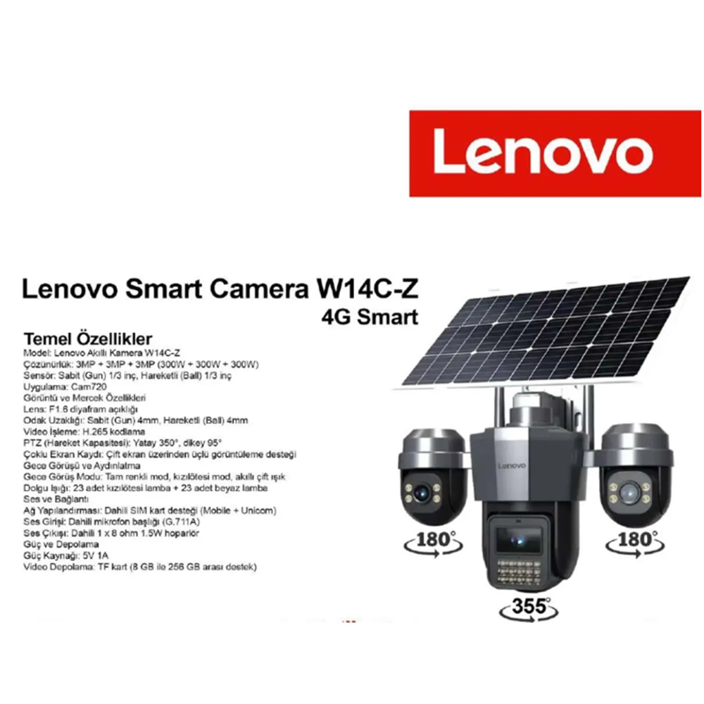 LENOVO G4W19-U (W14C-Z-U) 9MP 3 Lensli 4K Ultra HD 4G SOLAR Kamera Dual PTZ AOV