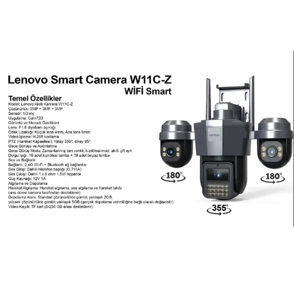 LENOVO W19C-U (JA-W11C-Z-U) 9MP 3 Lensli 4K Ultra HD 2.4G&5G Çift Bant Hızlı WiFi Dual PTZ