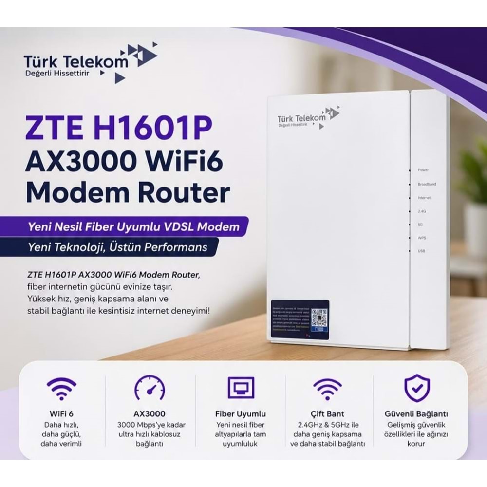 ZTE ZXHN H1601P Wi-Fi 6 AX3000 Fiber 2.4Ghz+5Ghz 3000Mbps Premium VDSL Modem (SIFIR GARANTİLİ)
