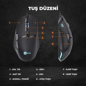 LECOO MG1101 Kablolu RGB LED Aydınlatmalı 6400DPI 8 Tuşlu Gaming Optik Mouse Siyah