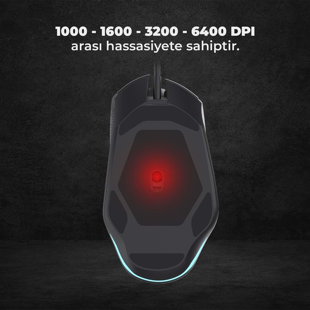 LECOO MG1101 Kablolu RGB LED Aydınlatmalı 6400DPI 8 Tuşlu Gaming Optik Mouse Siyah