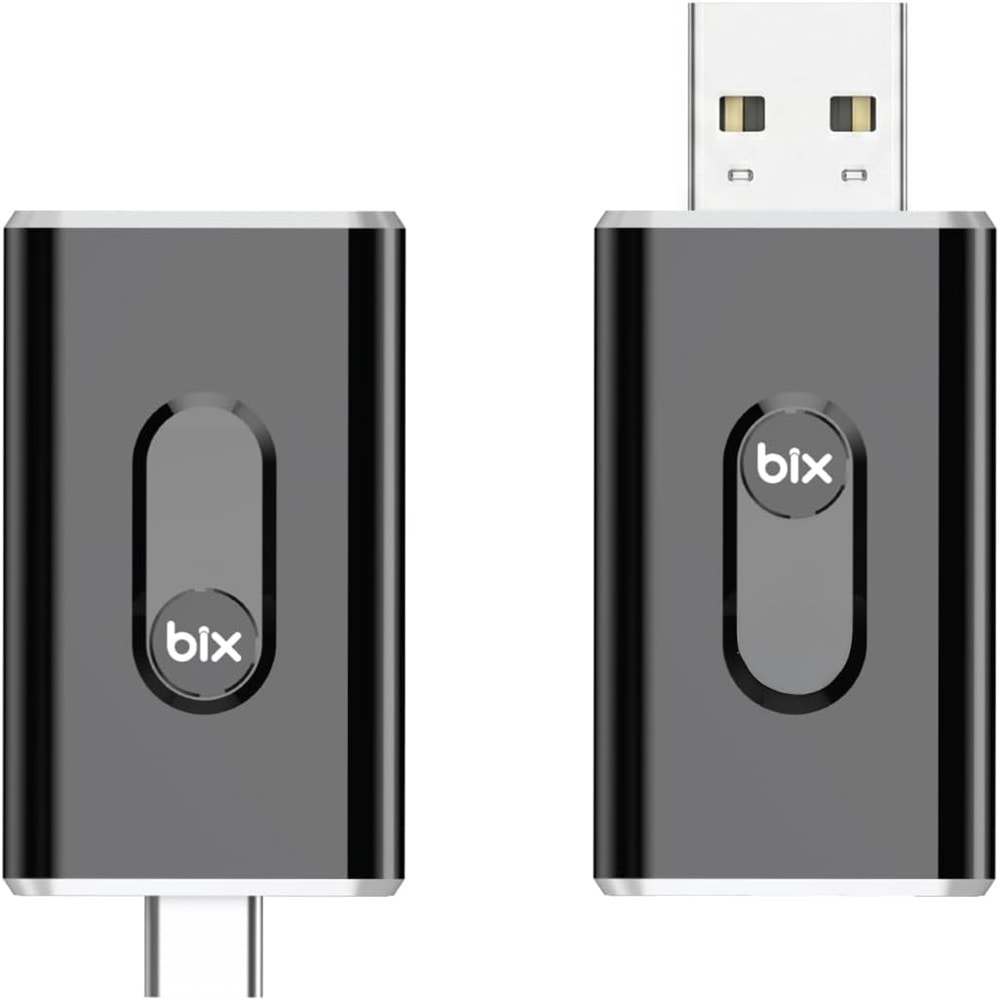 BIX CB02 2.4G/5G WiFi CarPlay Android Auto USB-A USB-C Çift Uçlu Hibrit Adaptör Siyah