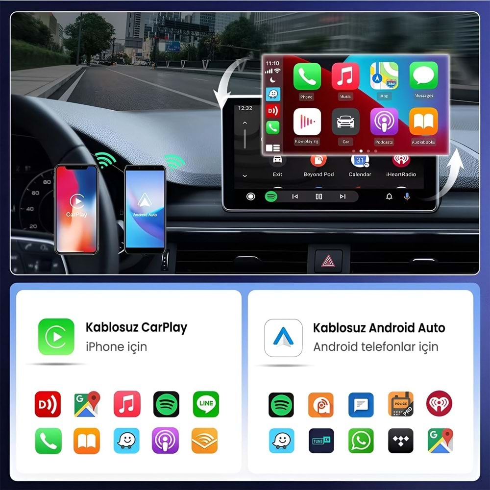 BIX CB02 2.4G/5G WiFi CarPlay Android Auto USB-A USB-C Çift Uçlu Hibrit Adaptör Siyah