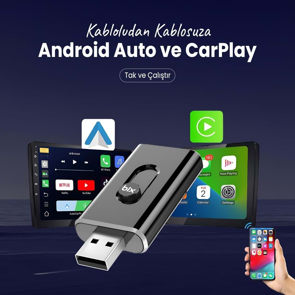 BIX CB02 2.4G/5G WiFi CarPlay Android Auto USB-A USB-C Çift Uçlu Hibrit Adaptör Siyah