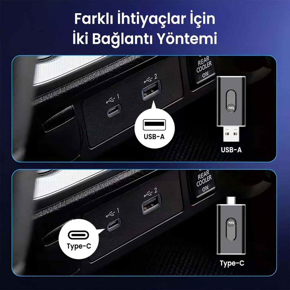 BIX CB02 2.4G/5G WiFi CarPlay Android Auto USB-A USB-C Çift Uçlu Hibrit Adaptör Siyah