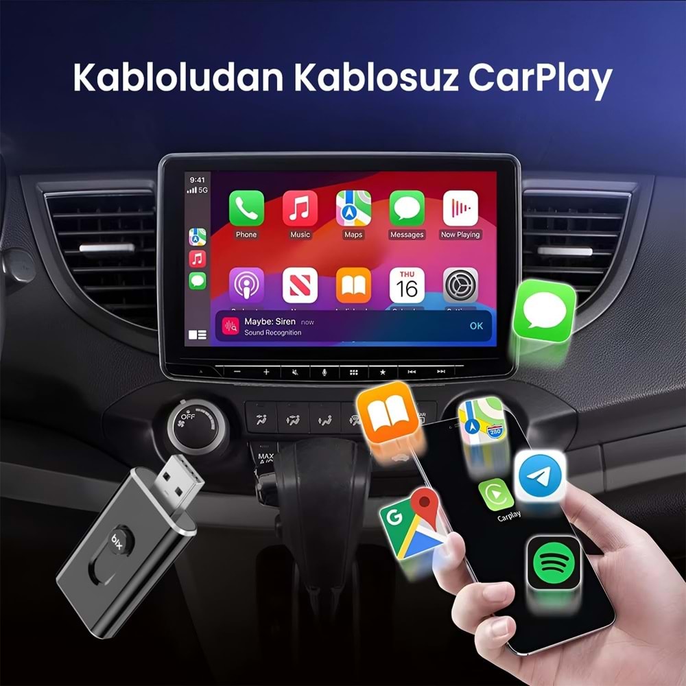 BIX CB02 2.4G/5G WiFi CarPlay Android Auto USB-A USB-C Çift Uçlu Hibrit Adaptör Siyah