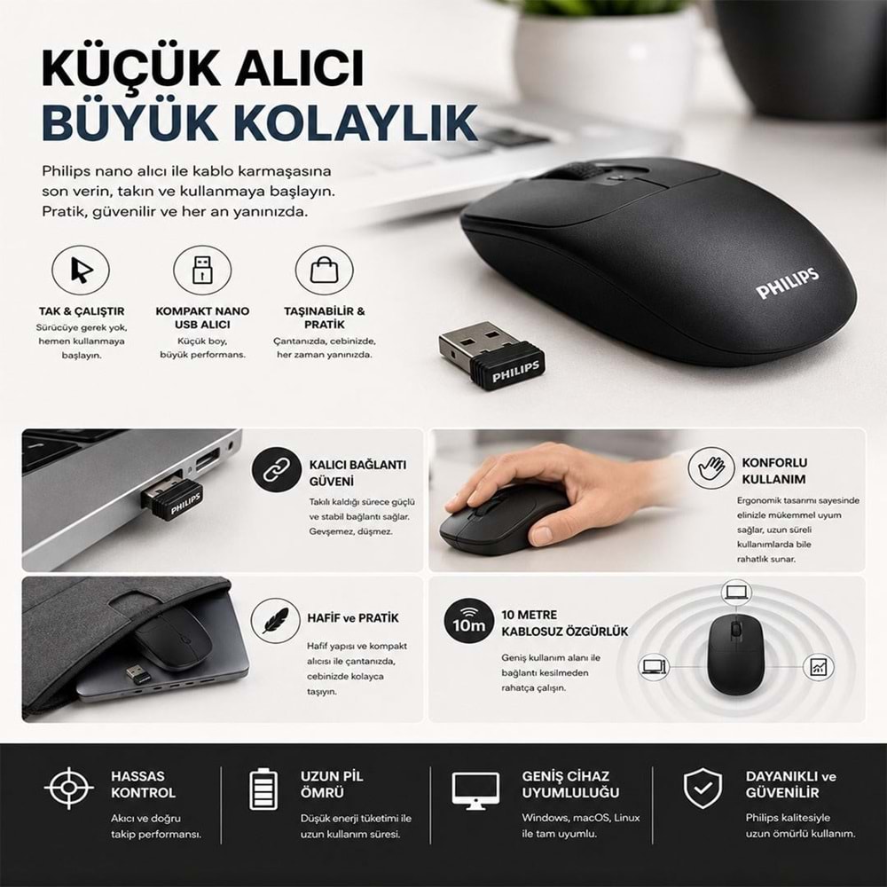 Philips SPK7398B/38 1600 DPI Sessiz Tıklama Siyah Kablosuz Ofis Mouse