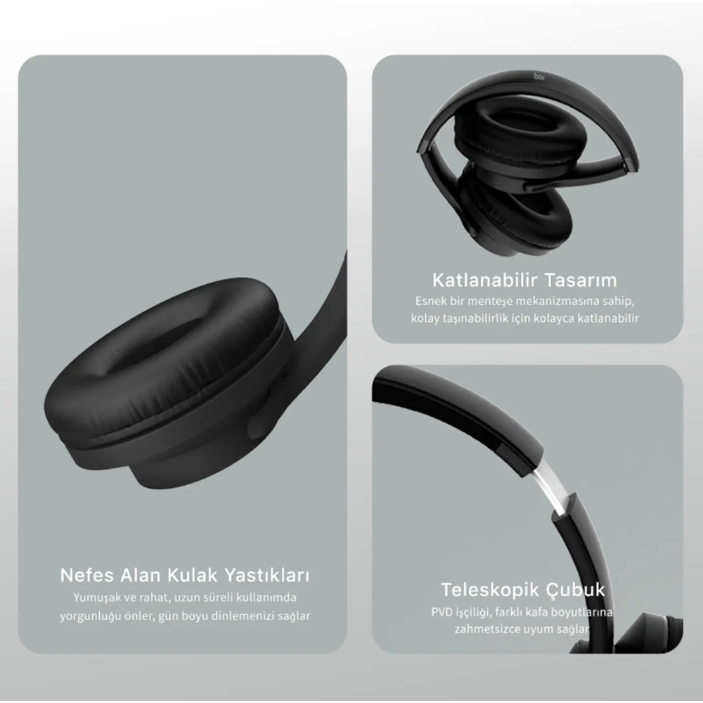 BİX Soundcraft BH3 Katlanabilir Hoparlör Özellikli EQ Mod TF Kart Girişli 40mm Sürücü Kablosuz Bluetooth 5.3 Kulaküstü Kulaklık Buz Grisi