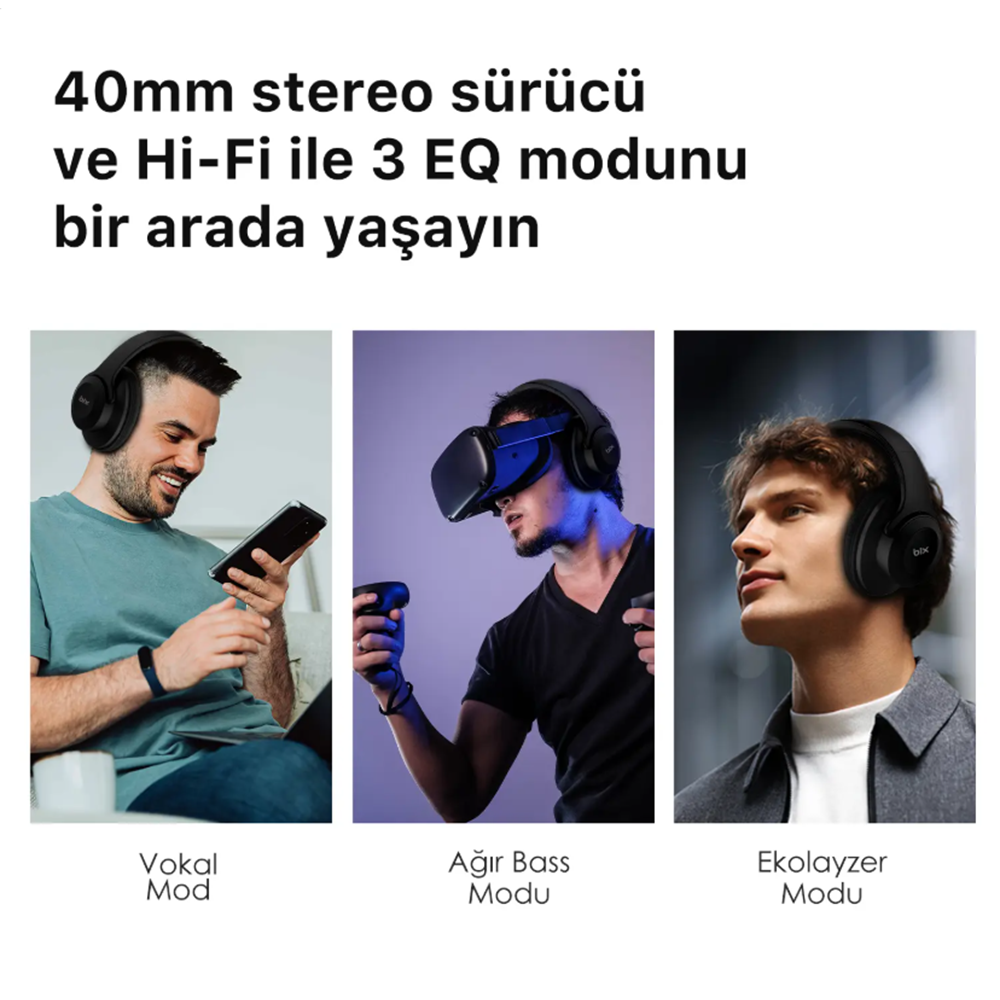 BİX Soundcraft BH3 Katlanabilir Hoparlör Özellikli EQ Mod TF Kart Girişli 40mm Sürücü Kablosuz Bluetooth 5.3 Kulaküstü Kulaklık Buz Grisi
