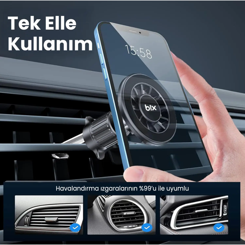 BIX BXCH13 360° Ayarlanabilir Hava Menfezi için Metal Kancalı Manyetik Araç İçi Telefon Tutucu Siyah