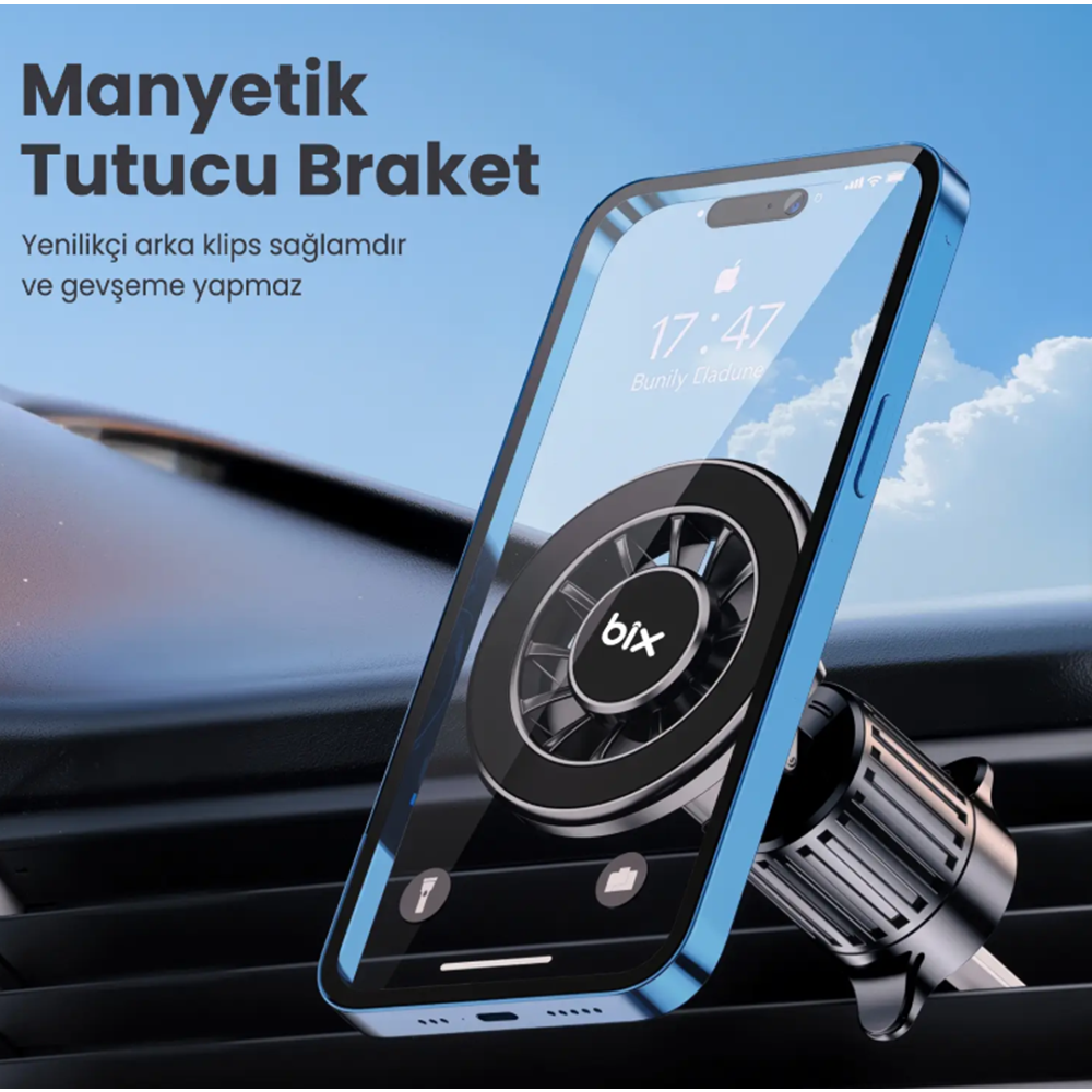 BIX BXCH13 360° Ayarlanabilir Hava Menfezi için Metal Kancalı Manyetik Araç İçi Telefon Tutucu Siyah