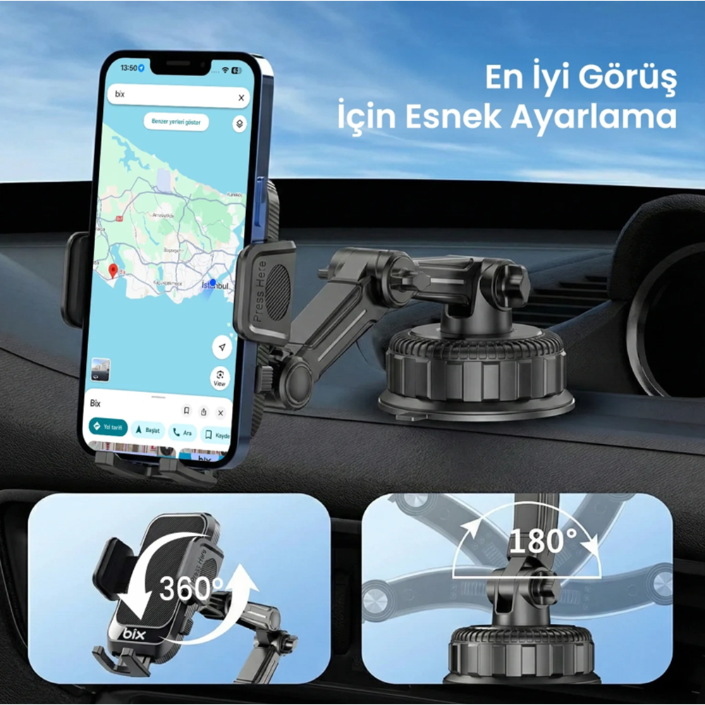 BIX BXCH15 Çok Fonksiyonlu Araç içi Vantuzlu Telefon Tutucu Siyah