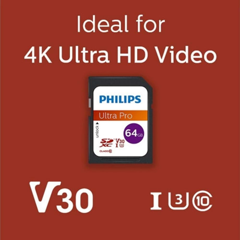 Philips FM64SD65B SDXC UHS-I U3 V30 A1 64GB Class10 Ultra Pro SD Hafıza Kart