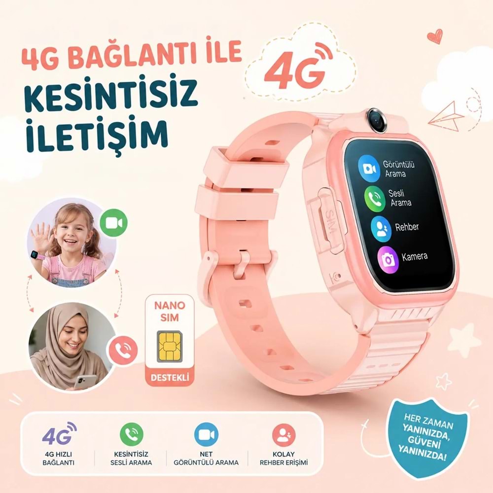 Bix Kids KW02 Sim Kartlı GPS Rota Takipli SOS Kameralı ve Görüntülü Konuşmalı 4G Çocuk Akıllı Saati Pembe