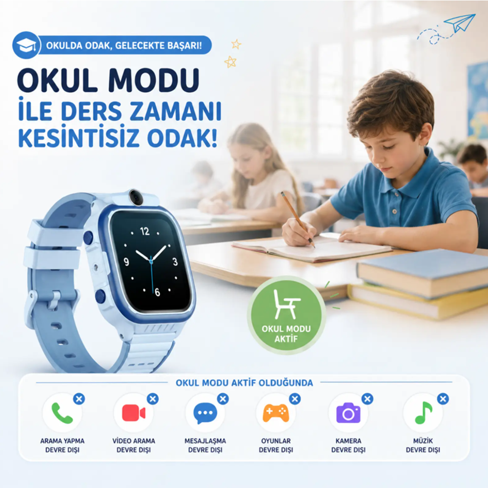 Bix Kids KW02 Sim Kartlı GPS Rota Takipli SOS Kameralı ve Görüntülü Konuşmalı 4G Çocuk Akıllı Saati