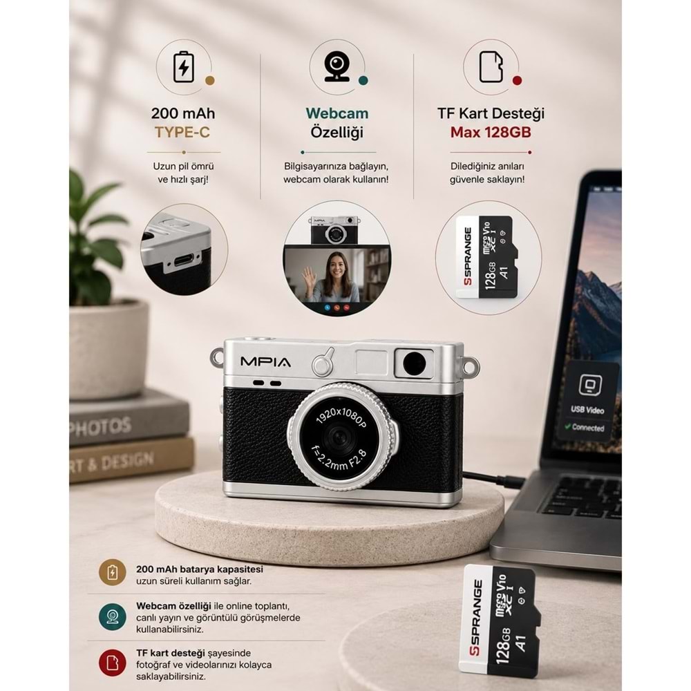 MPİA MC-10 Mini Retro Dijital Kamera 1080P Full HD Fotoğraf & Video Çekimi LCD Ekran Fotoğraf Kamerası