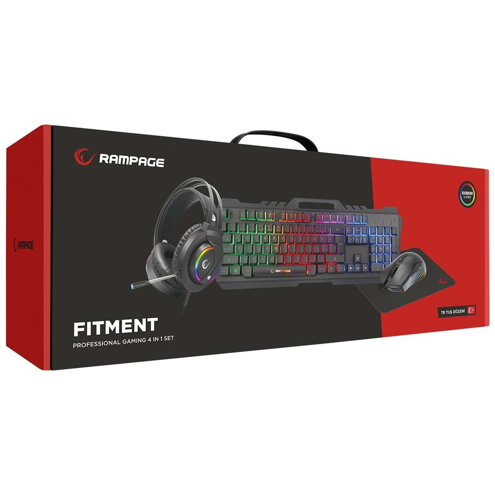 Rampage FITMENT KM-GX7 Gökkuşağı Aydınlatmalı Siyah USB Gaming Combo Mouse + Mousepad + Kulaklık + Q Gaming Klavye