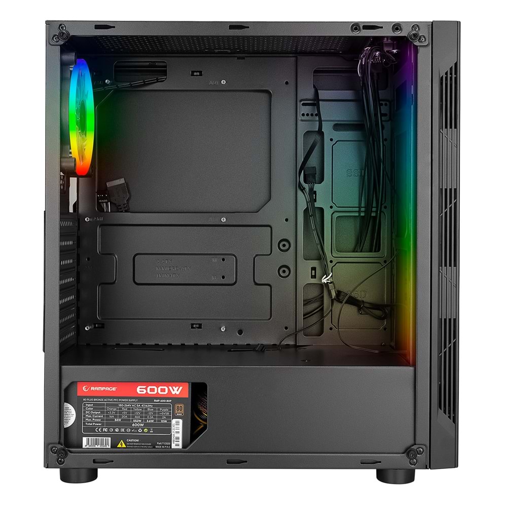 Rampage SPECTRA Tempered Glass 600W 80Plus Rainbow Fan ve Ledli 1*Usb 3.0 + 2* Usb 2.0 Gaming Kasa
