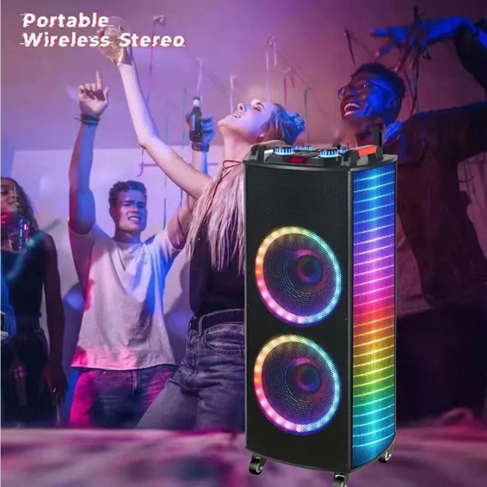 TELSAN NDR-1212S SD/USB/FM 12inc*2 BLUETOOTH ÇİFT KABLOSUZ KARAOKE MİKROFONLU KUMANDALI RGB MÜZİK KUTUSU