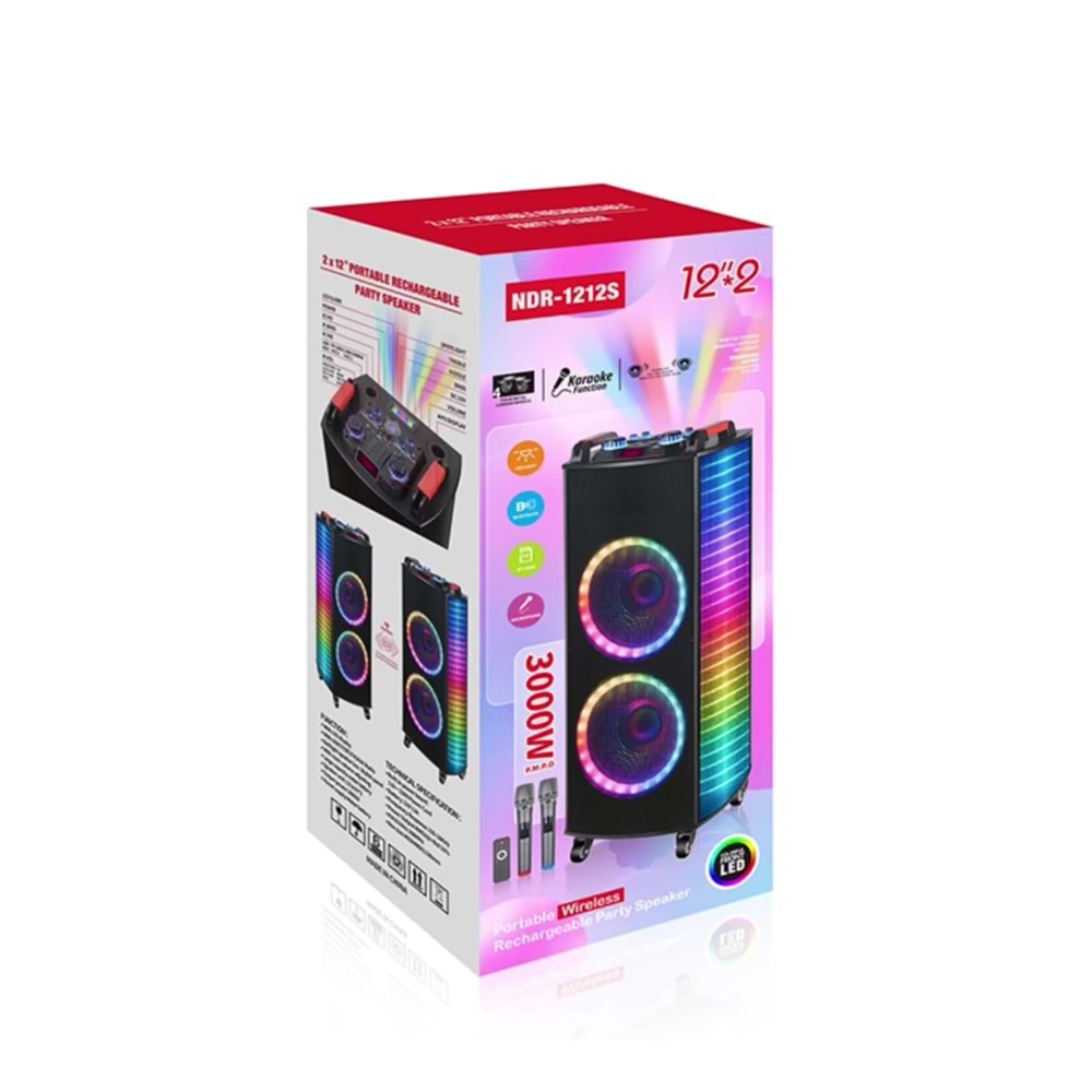 TELSAN NDR-1212S SD/USB/FM 12inc*2 BLUETOOTH ÇİFT KABLOSUZ KARAOKE MİKROFONLU KUMANDALI RGB MÜZİK KUTUSU