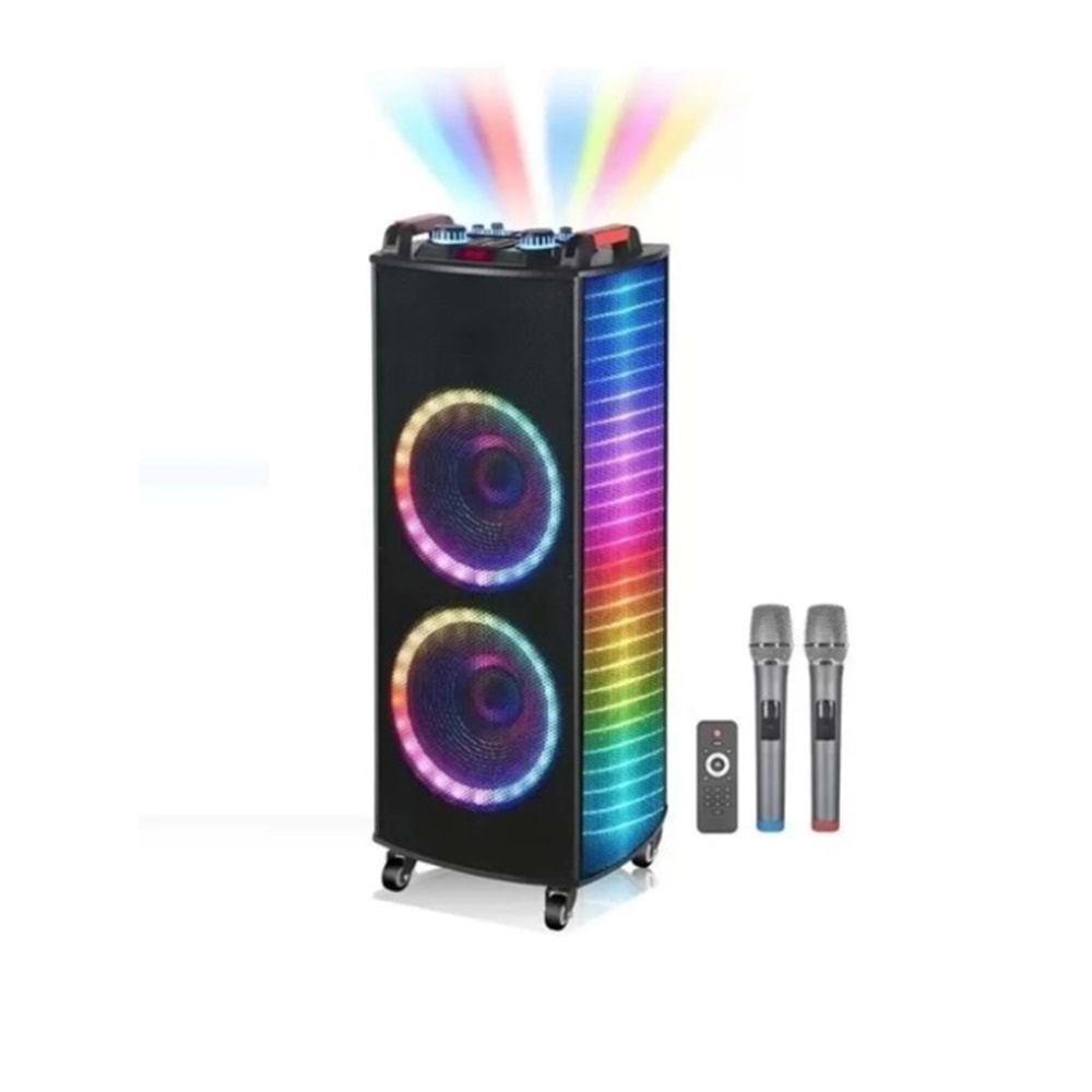 TELSAN NDR-1212S SD/USB/FM 12inc*2 BLUETOOTH ÇİFT KABLOSUZ KARAOKE MİKROFONLU KUMANDALI RGB MÜZİK KUTUSU
