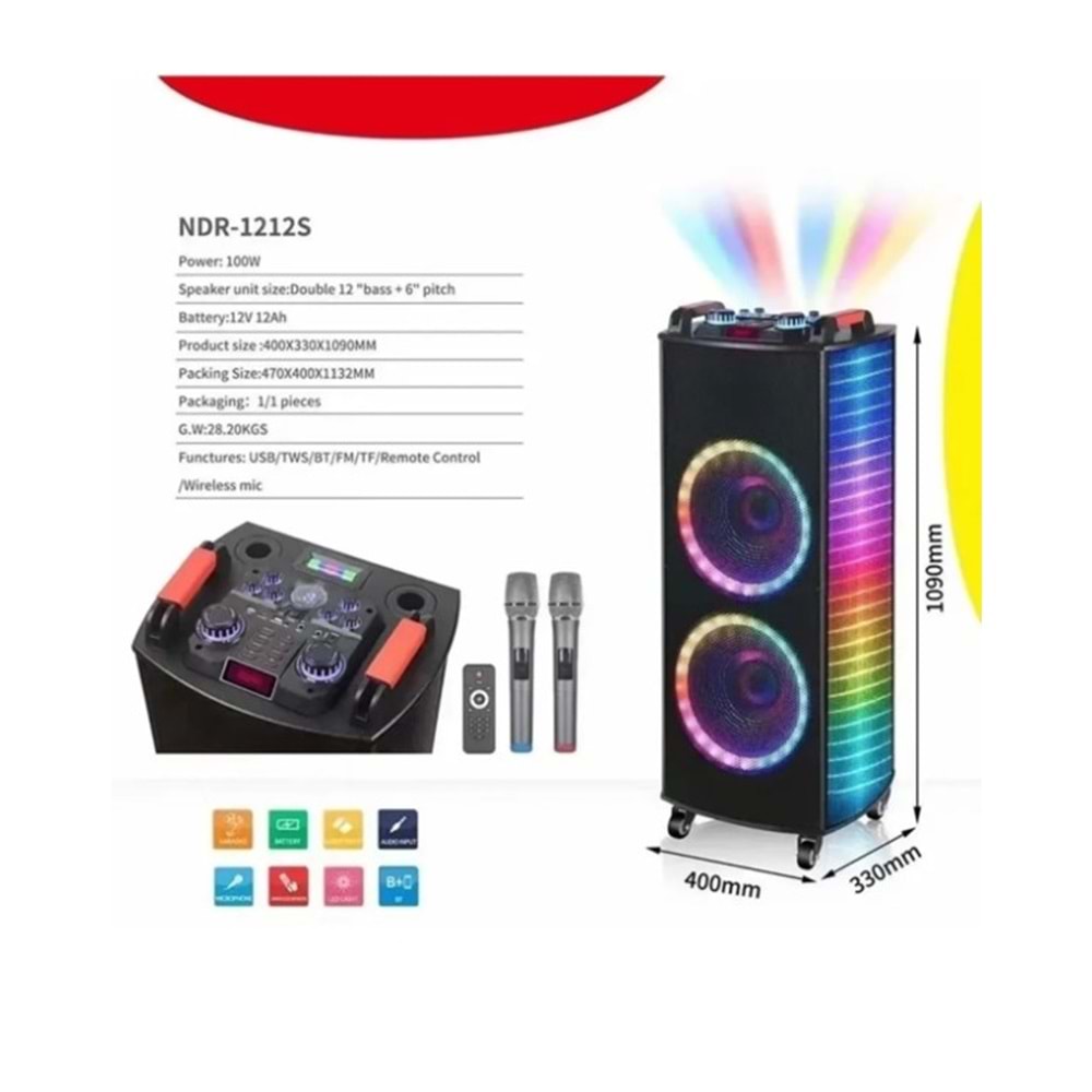 TELSAN NDR-1212S SD/USB/FM 12inc*2 BLUETOOTH ÇİFT KABLOSUZ KARAOKE MİKROFONLU KUMANDALI RGB MÜZİK KUTUSU