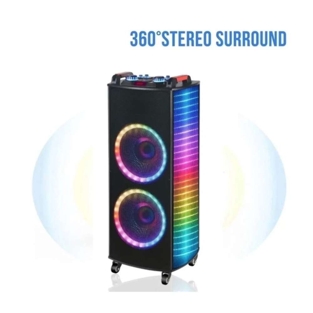 TELSAN NDR-1212S SD/USB/FM 12inc*2 BLUETOOTH ÇİFT KABLOSUZ KARAOKE MİKROFONLU KUMANDALI RGB MÜZİK KUTUSU