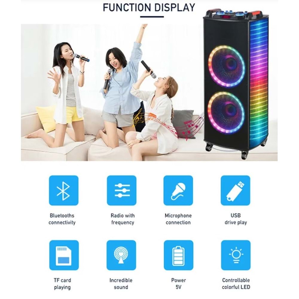 TELSAN NDR-1212S SD/USB/FM 12inc*2 BLUETOOTH ÇİFT KABLOSUZ KARAOKE MİKROFONLU KUMANDALI RGB MÜZİK KUTUSU