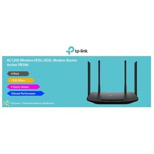 TP-Link Archer VR300 AC 1200 Mbps 4X5dBi Wifi Pro Sinyal Güçlendirici Wireless 2.4G 5G Çift Bant 4 Antenli Fiber/VDSL2+/ADSL2+ Mesh Modem Router