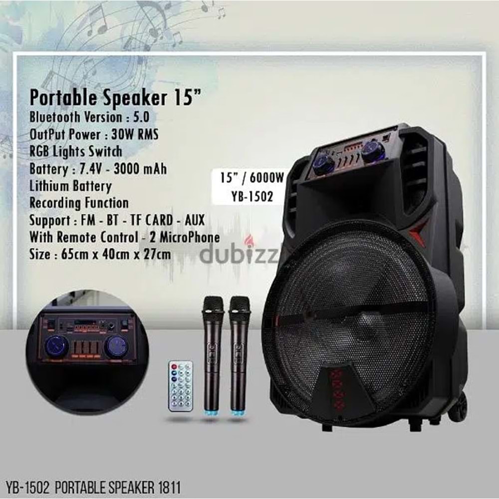 TELSAN YB-1502 SD/USB/FM DOUBLE 12inc BLUETOOTH KARAOKE ÇİFT KABLOSUZ MİKROFONLU KUMANDALI RGB MÜZİK KUTUSU