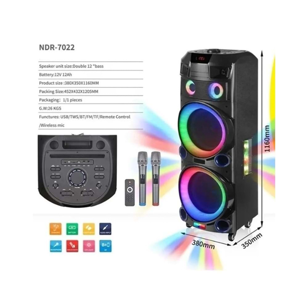 PLATOON PL-4610 SD/USB/FM DOUBLE 15inc BLUETOOTH KARAOKE ÇİFT KABLOSUZ MİKROFONLU KUMANDALI RGB MÜZİK KUTUSU NDR-7022